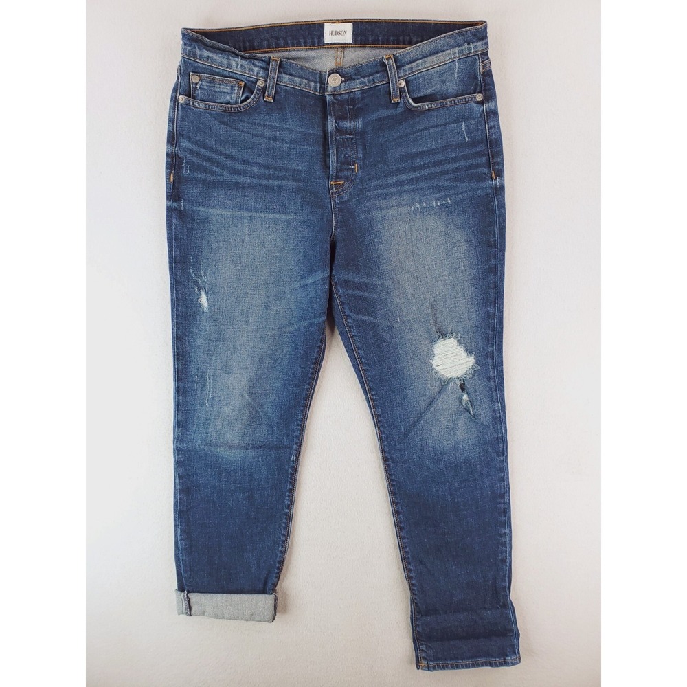 Hudson Jeans Womens 31 Blue Riley Crop Relaxed Straight Distressed Stretch Denim